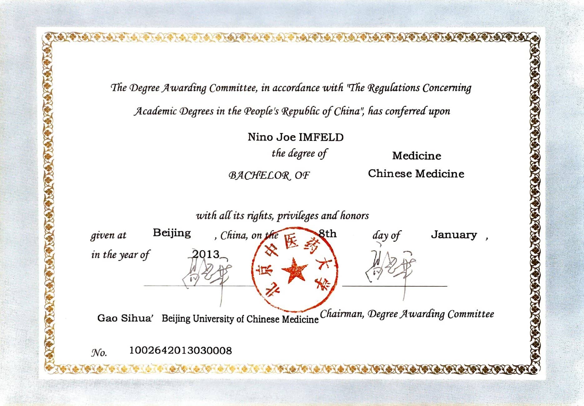 Bachelor of Medicine certificate, Beijing University of Chinese Medicine
