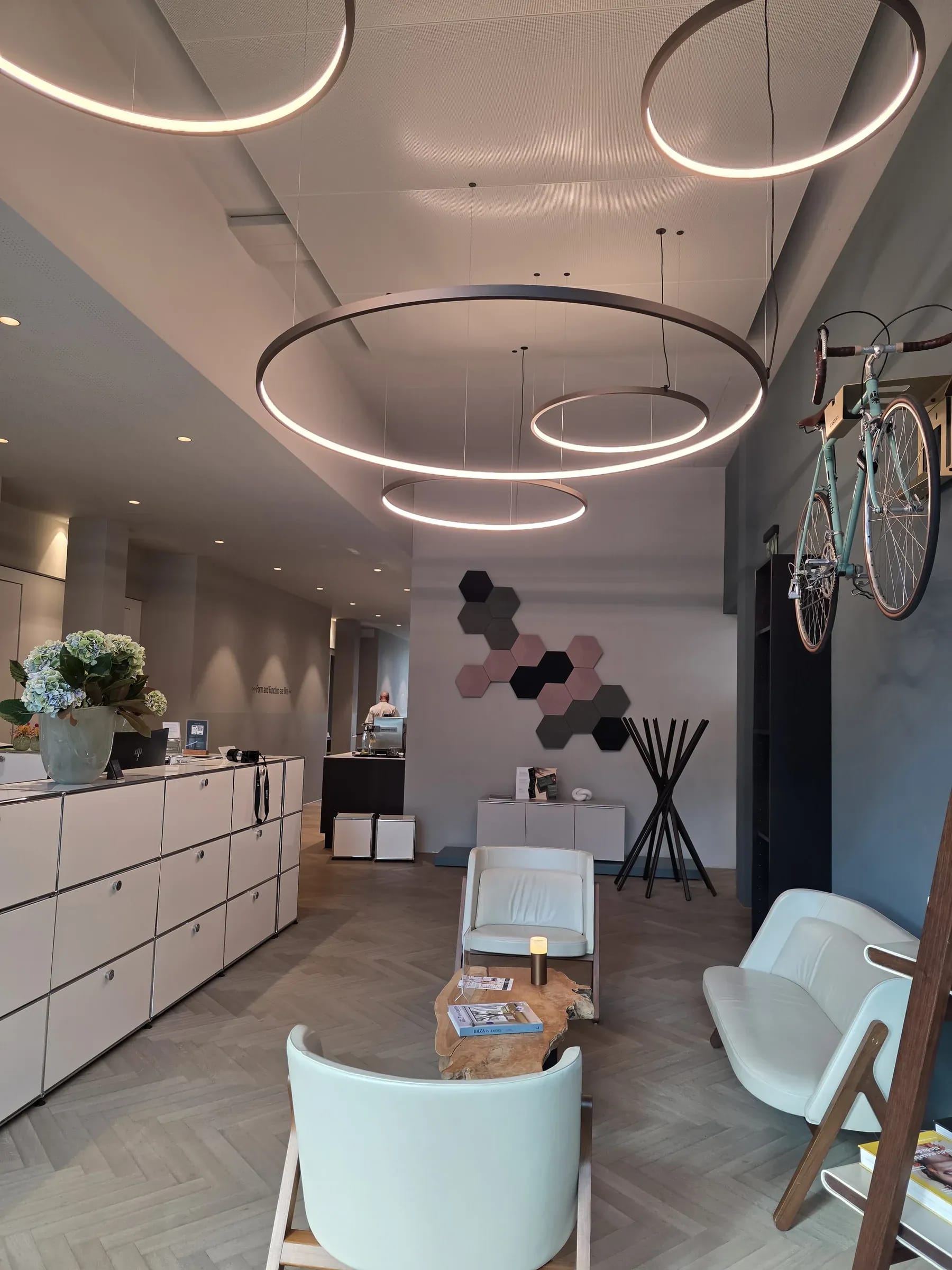 Practice room with light rings and herringbone parquet